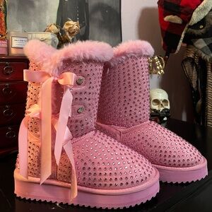 Pink Rhinestone Fur Boots